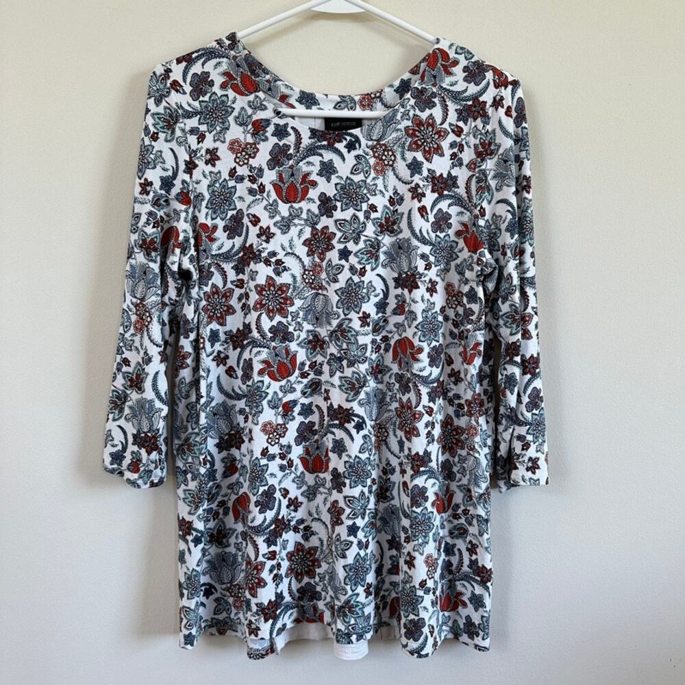 J. Jill Wearever Collection Tunic Top Floral Womens SMALL White 3/4 Sleeve
